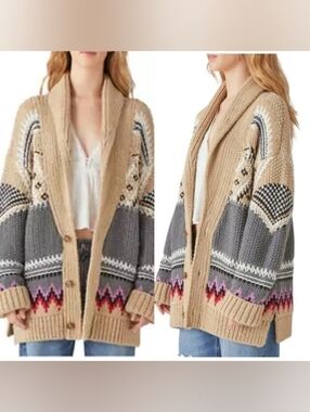 Lucky Brand Womens Size S Tribal Print Cardigan Chunky Sweater Wool Blend